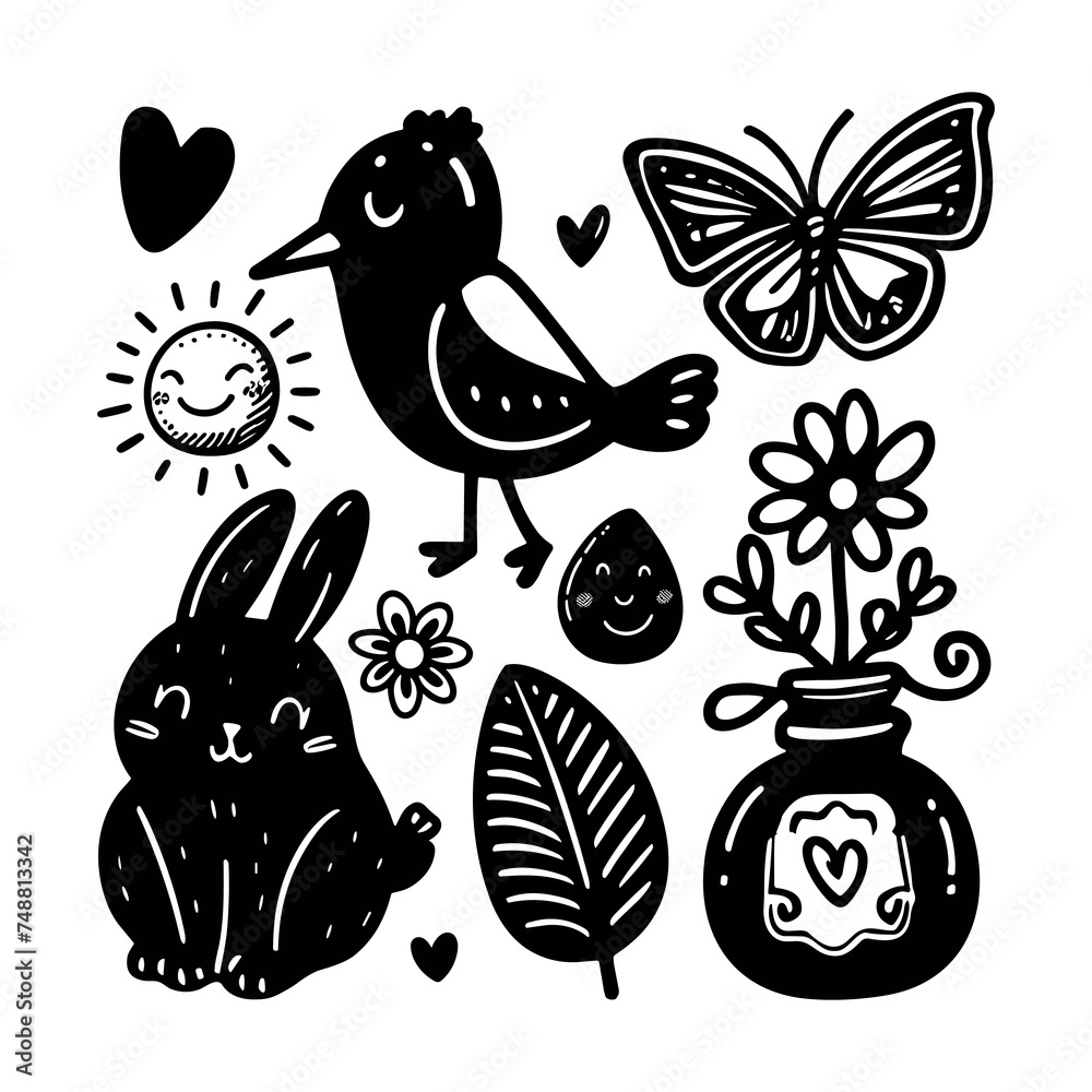 Fototapeta premium Easter bunny kawaii funny spring doodle set. Spring easter funny bird set