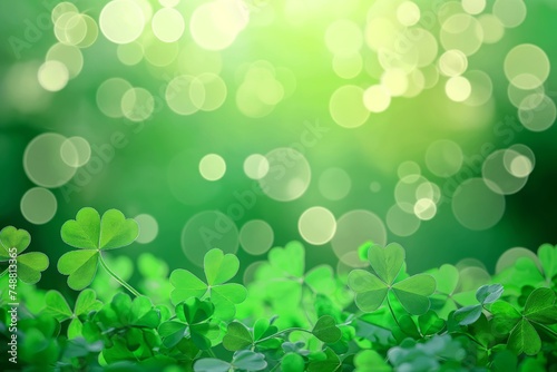 Green background with a row of shamrocks and green leaves, light silver, blurred, dreamlike atmosphere, defocused cute cartoonish design, colorful washes, meticulous design.