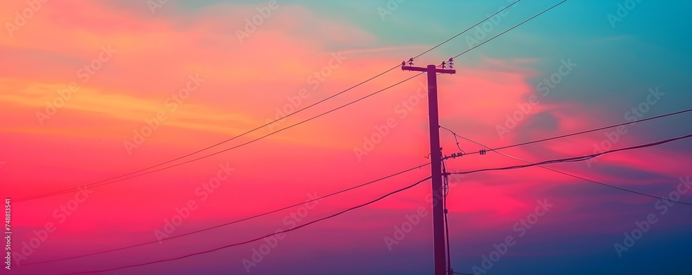 Power Line Silhouette Against Vibrant Sunset Sky. Concept Sunset Silhouettes, Power Lines, Vibrant Colors, Outdoor Photography, Nature Scene