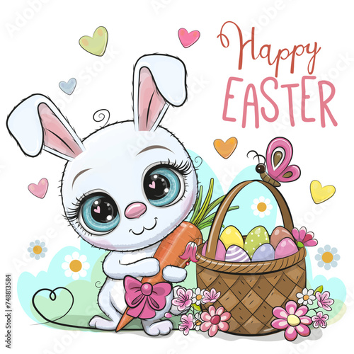 Cartoon White Bunny with a basket of Easter eggs