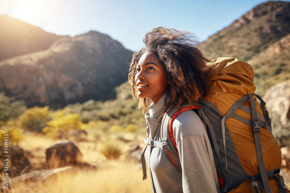 Young african woman in hiking gear on the mountain in a sunny day