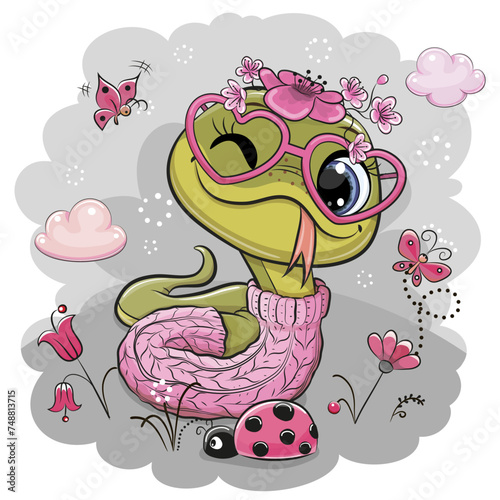 Cartoon Snake on a meadow with flowers and butterflies © reginast777