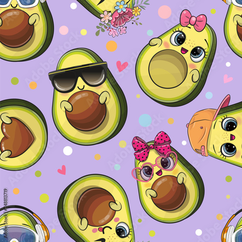Pattern with cute cartoon avocados © reginast777