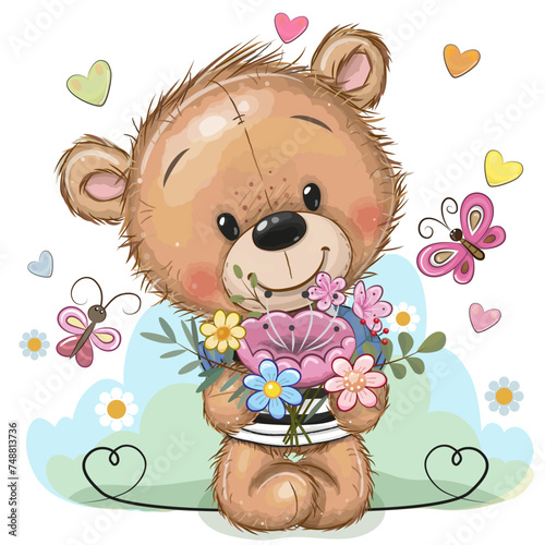 Greeting card Cute Cartoon Teddy Bear with flowers © reginast777