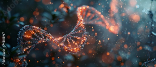 DNA molecule with blue helix and red heart. Medical diagnosis of genetic diseases, gene editing, biotechnology engineering concept. Wireframe light structure image.