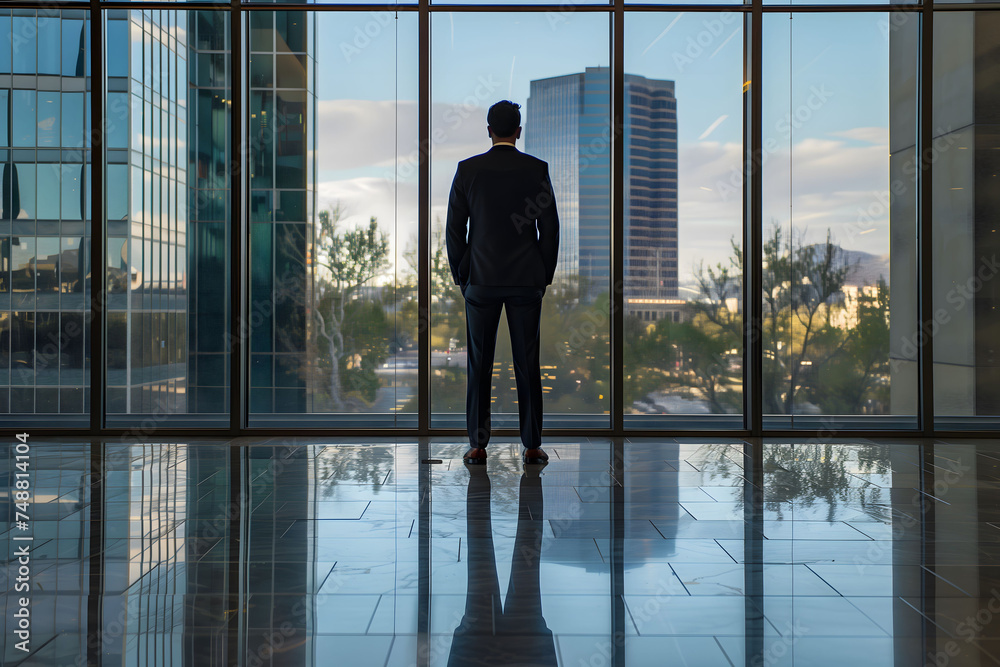Fototapeta premium Businessman in a suit and classic footwear contemplating cityscape through office windows. The fusion of traditional elegance and modern professionalism. Business style and interior
