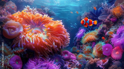 Against the mesmerizing backdrop of a multi-colored coral reef in the ocean's depths, a lone clownfish catches the eye with its vibrant presence.