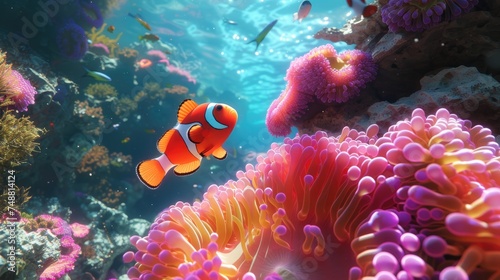Against the backdrop of a vibrant multi-colored coral reef beneath the ocean's surface, a lone clownfish captures attention with its vivid hues. © HappyFarmDesign