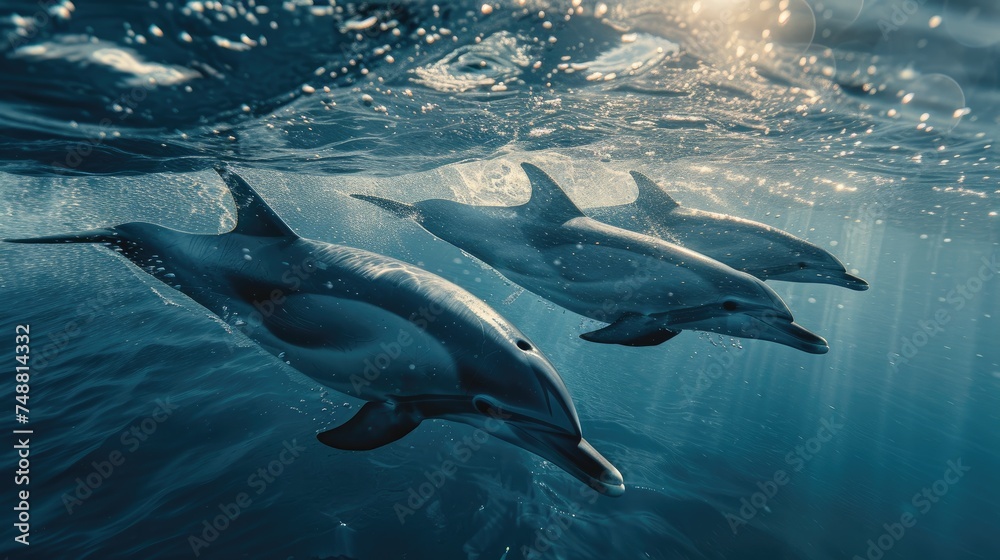 Fototapeta premium A trio of dolphins elegantly navigate the shimmering underwater world, with sun rays piercing through the surface.