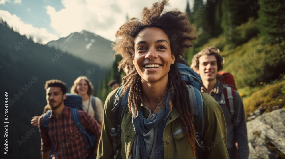 Close-up of a diverse Group of multiracial Friends, young Men and Women hiking against the backdrop of Snowy high mountains. Travel, Adventure, Active Tourism, Hiking, Summer Vacations, concepts.