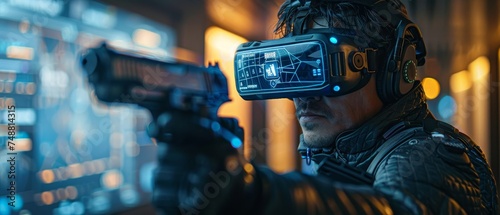 VR online game interface with map of level. Player got ready for VR shooter. Virtual reality glasses and virtual armor on computer video gamer.