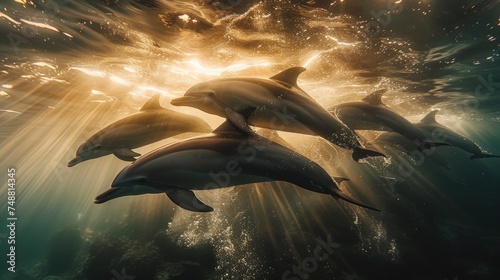 Gliding gracefully through the shimmering underwater realm, a trio of dolphins elegantly maneuver as sun rays pierce through the surface, casting a magical glow upon their journey. © HappyFarmDesign