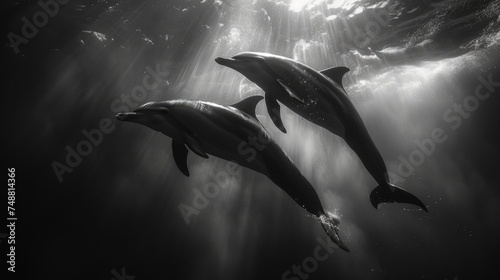 With the brilliance of sun rays penetrating the water's surface, a trio of dolphins elegantly swims through the glistening underwater landscape, showcasing their fluid movements and grace. © HappyFarmDesign