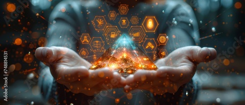 Plan for a complex family insurance policy. Hexagons with icons arranged into a pyramid shape and topped by a hand. Digital assistant, Insurance plane, Artificial Agent, digital technology, AI photo