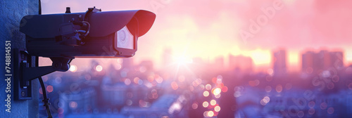 CCTV cameras with blurred city in sunset light background for CCTV security camera system banner concept.