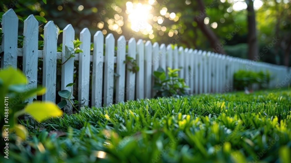 Artificial Grass Turf with Garden House plant in Front Yard area with white wooden Picket Fence on foreground.