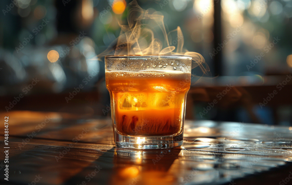 Cold cocktail with smoke on wooden table