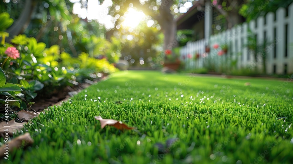 Artificial Grass Turf with Garden House plant in Front Yard area with white wooden Picket Fence on foreground. Artificial Grass Turf with Garden House plant in Front Yard area with white wooden Picket Fence on foreground.