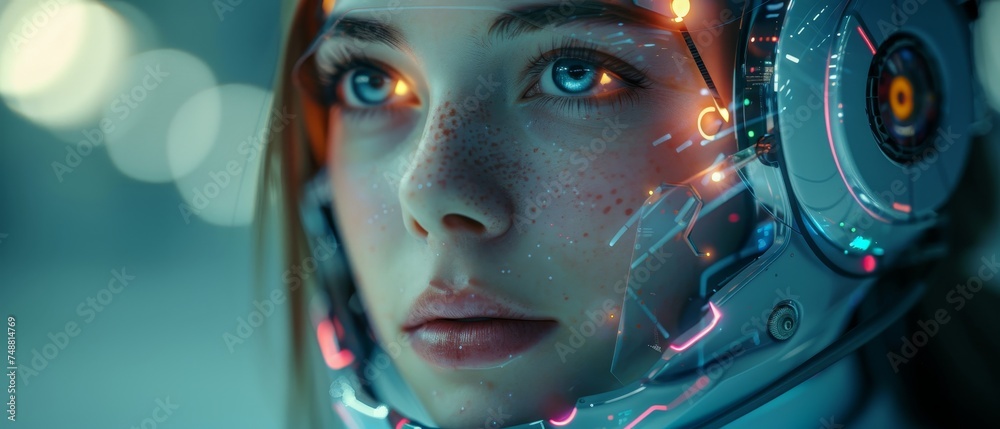 The avatar of a robot woman chatbot has a round image of an AI's face on it. A humanoid female cyborg is holding a headset with a microphone on its head. - obrazy, fototapety, plakaty 