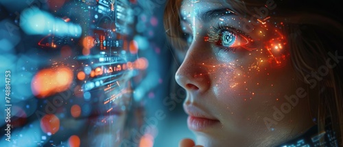 Image of robot woman using a holographic interface. Robotic lady with a beautiful face and cybernatic hand printing buttons. Anthropomorphic artificial intelligence AI concept.