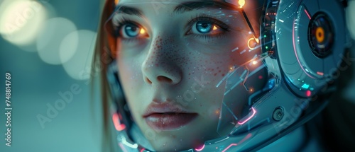 The avatar of a robot woman chatbot has a round image of an AI's face on it. A humanoid female cyborg is holding a headset with a microphone on its head. photo