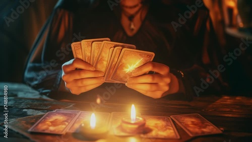 A psychic sitting at a table, holding tarot cards and looking at them