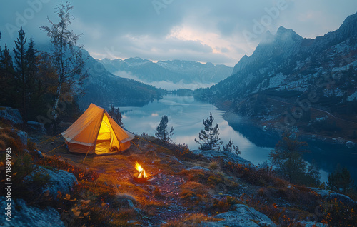 Tent is set up near lake and campfire in the mountains. © Vadim