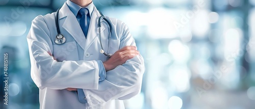 Male doctor has his arms crossed, in the style of light white and light navy, soft edges and blurred details, vibrant defocused color combination, concept of successful medical surgery. photo