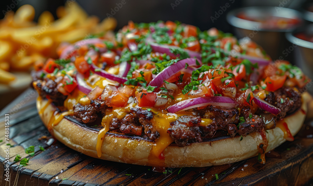 Delicious cheeseburger with onions tomatoes and cheese Delicious cheeseburger with onions tomatoes and cheese