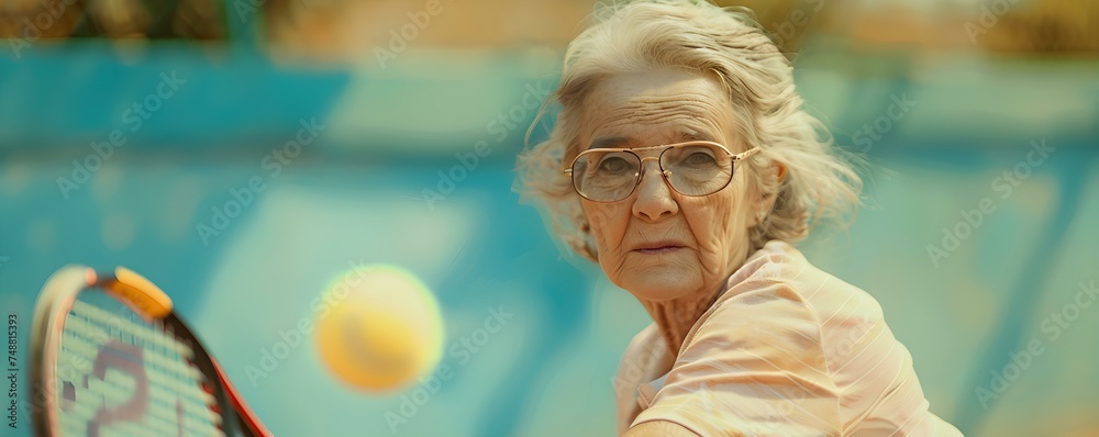 Joyful elderly lady enjoying a game of tennis during her retirement. Concept Elderly, Joyful Retirement, Tennis, Outdoor Activities, Healthy Aging