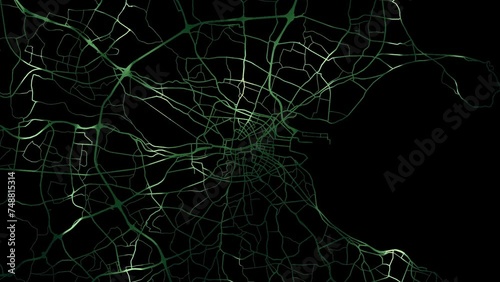 Zoom in road map of Dublin Ireland with green glowing roads on a black background.