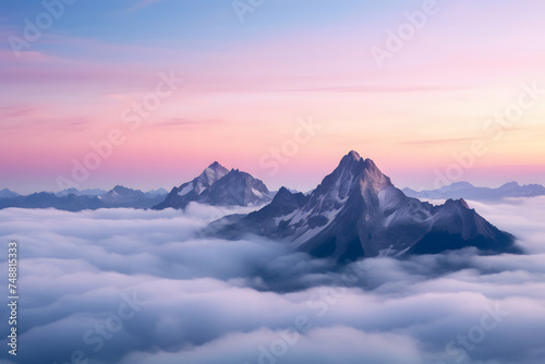  majestic mountain peak rising above a sea of clouds  bathed in the soft hues of dawn or dusk. The central focus is on a prominent mountain peak that stands tall amidst surrounding peaks