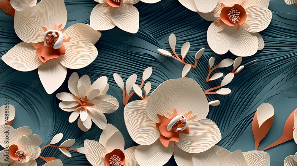 3d orchid floral flowers seamless repeat pattern, floral pattern, flower paper art, in the style of light peach and dark teal polish folklore motifs, detailed foliage - obrazy, fototapety, plakaty 