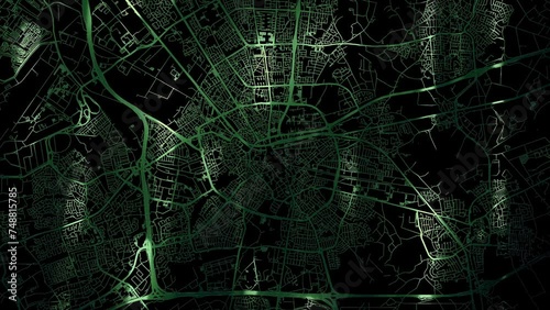 Zoom in road map of Eindhoven Netherlands with green glowing roads on a black background.
