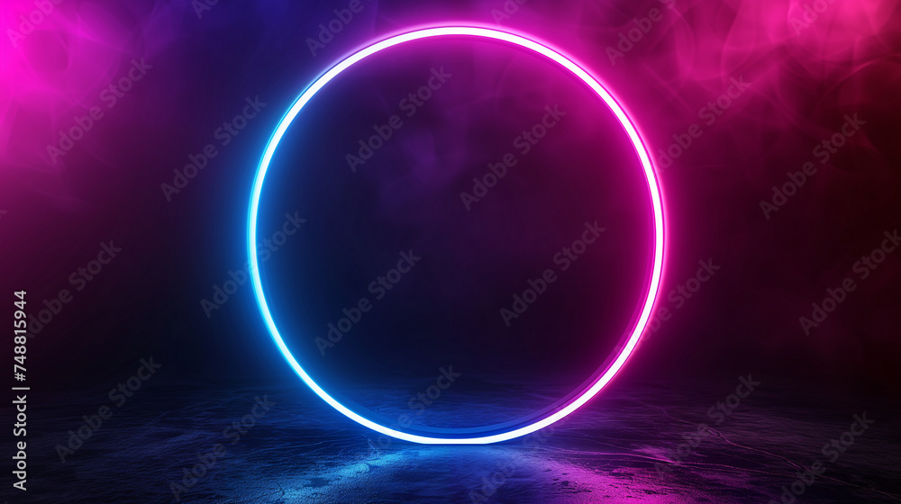 neon pink circle illuminates a dark room, casting vibrant glows on the textured walls and floor