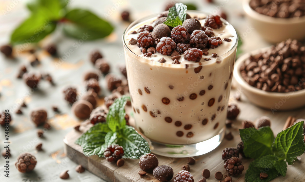 Chocolate smoothie with chocolate chips and mint on wooden table Chocolate smoothie with chocolate chips and mint on wooden table