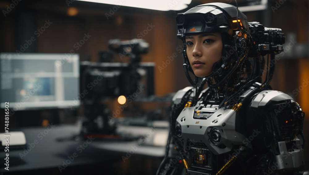 Humanoid robot working with Open Ai Sora a Text-to-Video AI Model in Videography and Filmmaking Studios with Advance Camera Equipment Humanoid robot working with Open Ai Sora a Text-to-Video AI Model in Videography and Filmmaking Studios with Advance Camera Equipment