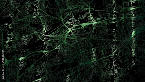 Zoom in road map of Gelsenkirchen Germany with green glowing roads on a black background.