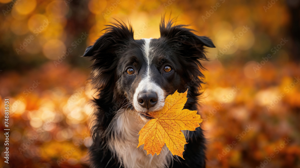 Border Collie Holding a Golden Maple Leaf in Autumn Splendor