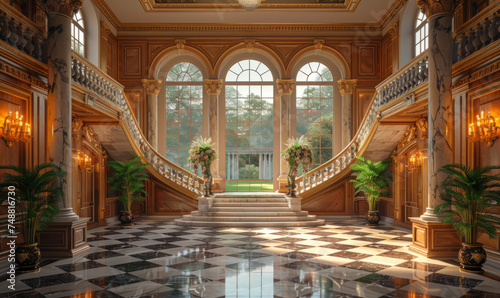 3D rendering of luxury palace entrance hall with columns marble staircase and large arched windows