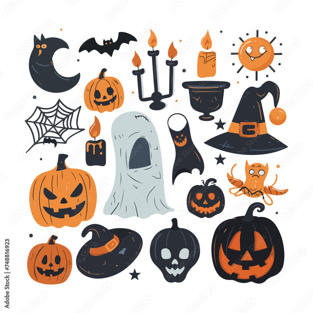 set of Halloween elements icons isolated on white background