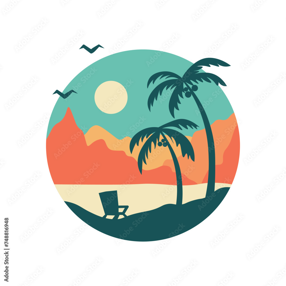 Tropical summer island logotype design. Palm tree logo or summer logo design vector illustration for t-shirt, logo, icon, web, banner.