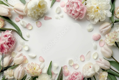 Gentle Floral Border with Pink Peonies and White Tulips - Spring Wedding Decor