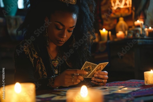 A Black woman reading tarot cards in a room with candles photo