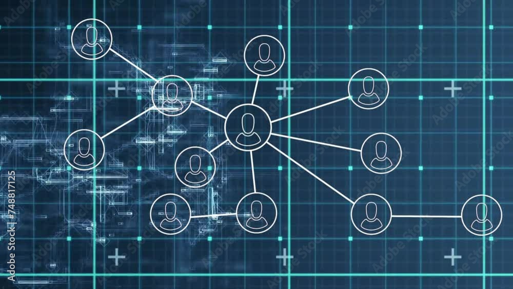 Animation of network of connections with people icons and data processing over grid Animation of network of connections with people icons and data processing over grid