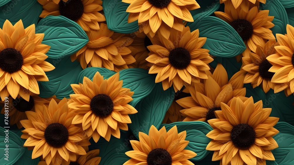 3d sunflower floral flowers seamless repeat pattern, floral pattern, flower paper art, in the style of light peach and dark teal polish folklore motifs, detailed foliage - obrazy, fototapety, plakaty 