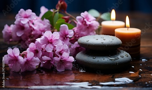 Black spa stones with pink flowers. Health  relax and self-care concept. Aesthetic shot for wallpaper  banner  poster  flyer 