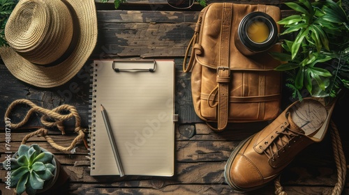 Open blank note book with passport and tourist accessories. photo