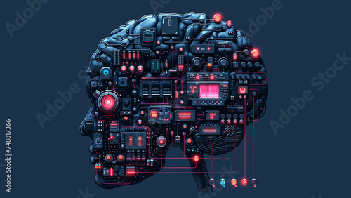 Human brain made with modular synthesizer and techno patchcable flat background photo