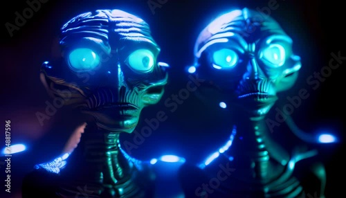 Twin humanoid aliens staring at the camera. Eerie and creepy extraterrestrial creatures with large heads and bright neon eyes. Two of sci-fi humanoids trying to make a contact with intelligent life. photo